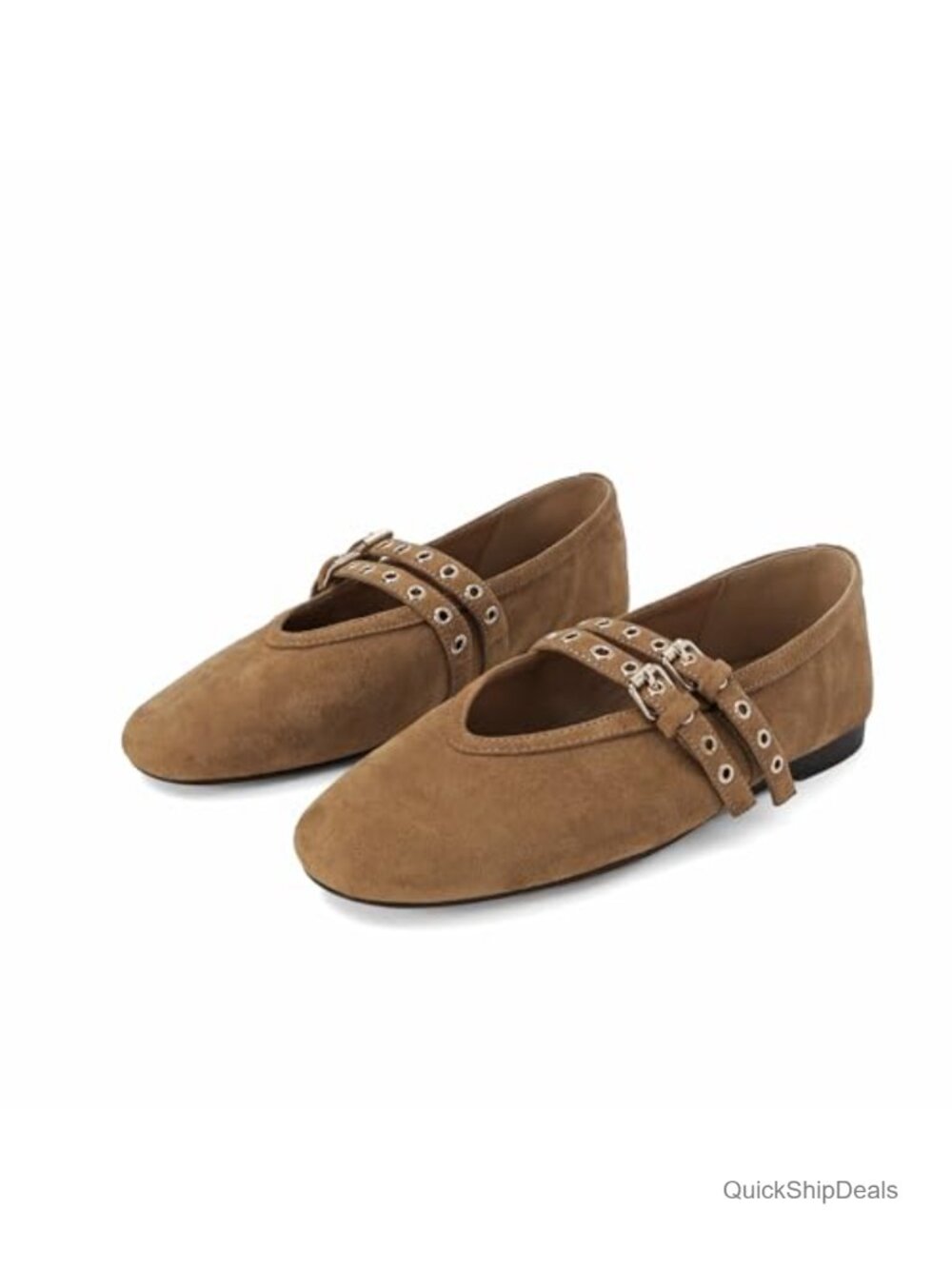 Suede Mary Jane Flats Perforated Round Toe Double Buckle Strap Breathable Mesh